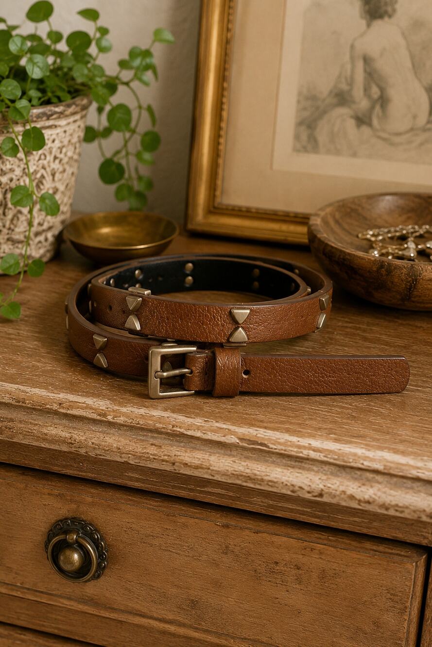 AllSaints Camel Studded Leather Belt Pebbled Thin Minimalist Moto Rocker